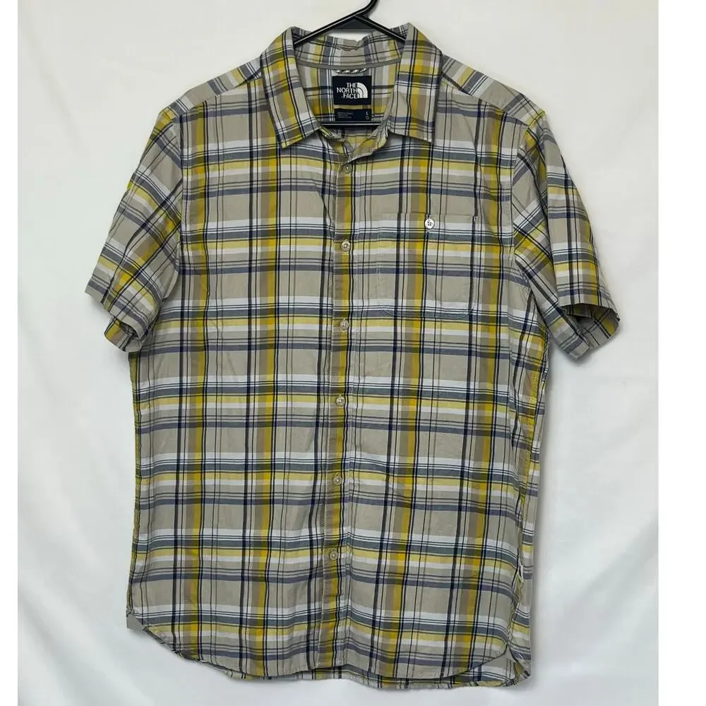 The North Face Men’s L Yellow Blue Plaid Short Sleeve Button Up Outdoor Shirt
